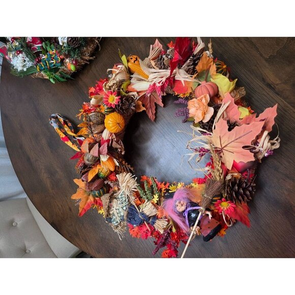Handcrafted Fall Wreath With Mini Scarecrow & Witch Decor Straw Base Autumn Leav - Picture 7 of 14